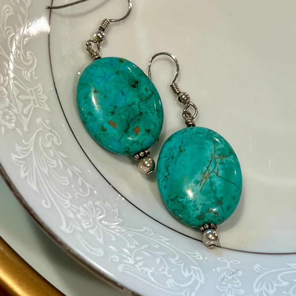 Large Oval Turquoise & Sterling Silver Drop Earrings
